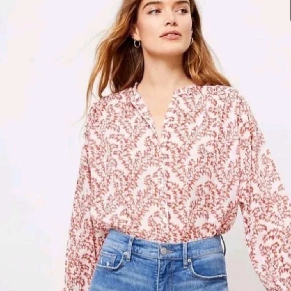 LOFT Vine Ruffle Button Up Blouse Orange & White Size Medium